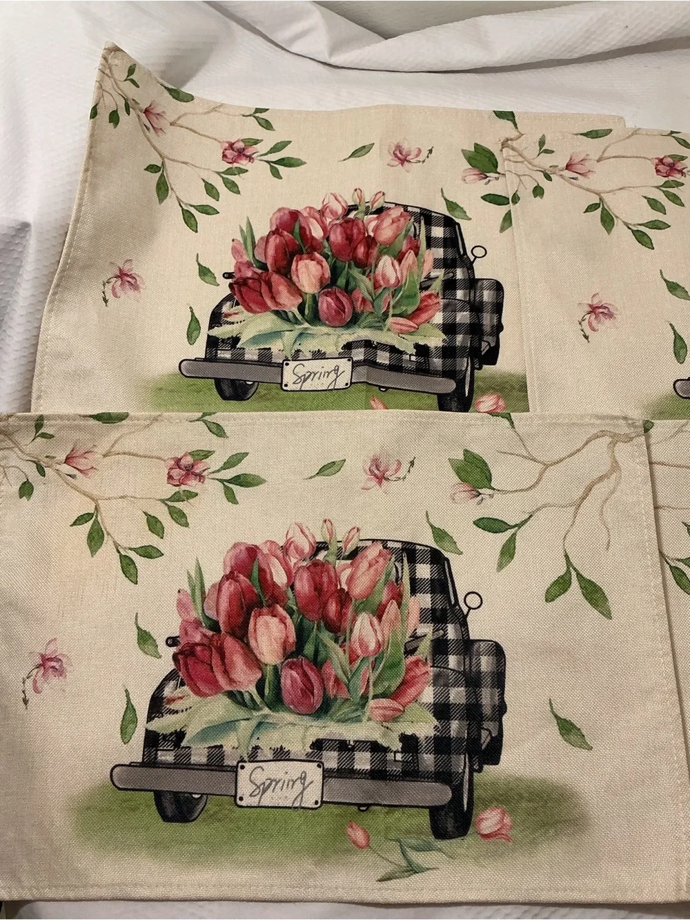 Spring Tulip Truck Decorative Kitchen Towel - Cream